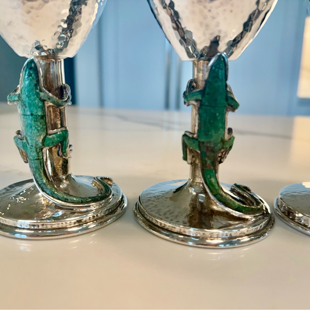 Rare Emilia Castillo Taxco Lizard Goblets Set of 4 Hammered Silver Plate - Picture 6 of 9